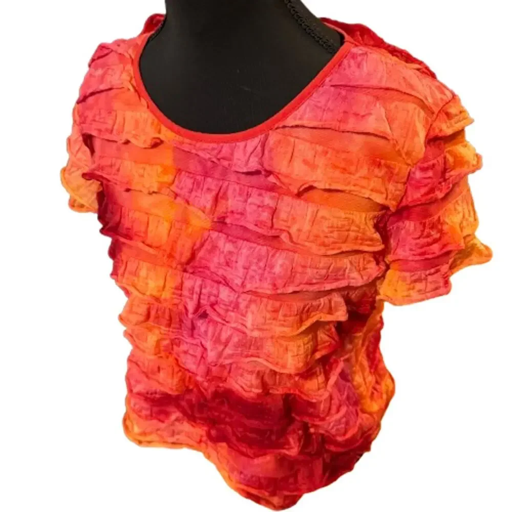 Notations Hot Orange & Red Ruffled Layered Stretchy Top Sz S - Picture 3 of 6